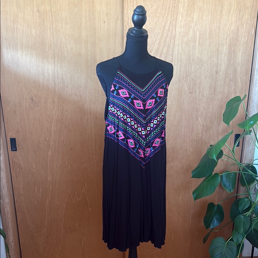 Black Dress with Pink Aztec Print - Women's Sleeveless Dress